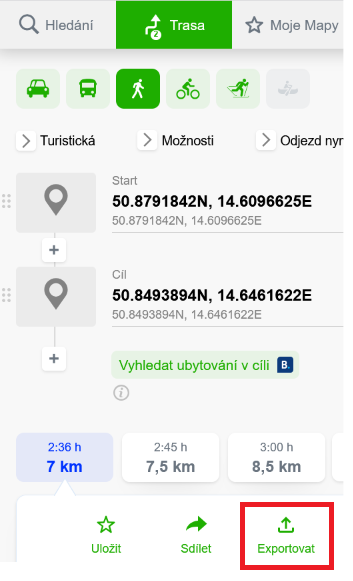 Export trasy z Mapy.com — panel Trasa s tlačítkem Exportovat