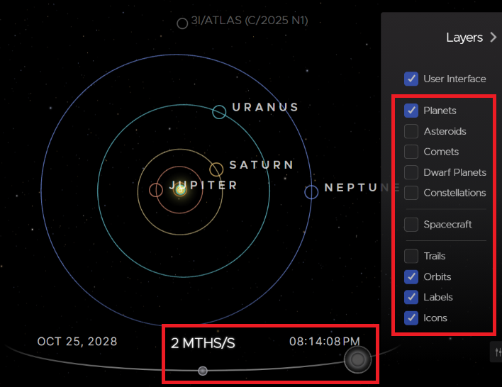 NASA Eyes — panel vrstev a ovládání rychlosti času